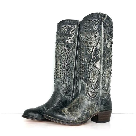 Frye Deborah Deco Tall Studded Distressed Leather Western Boots Women’s 6 Shoes - Picture 2 of 11